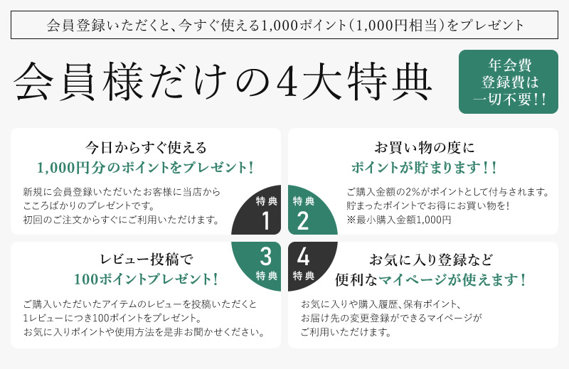 新規会員登録で今すぐ使える1,000ポイント（1,000円分相当）をプレゼント！